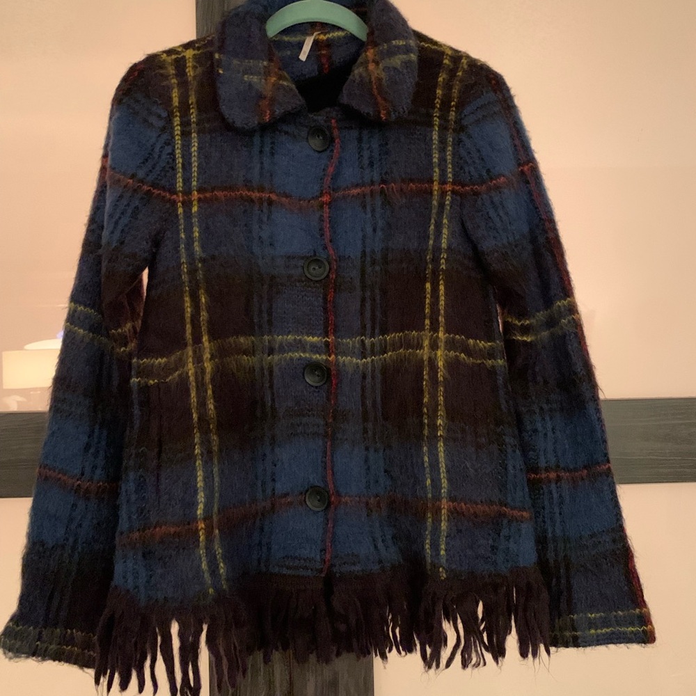 Free People Plaid Fringe Wool Sweater A-Line Button-up Coat XS-mohair and alpaca